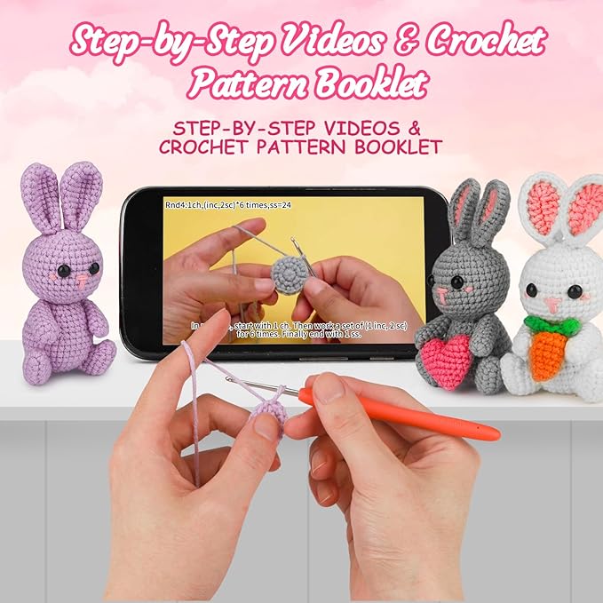 ekaus Crochet Kit for Beginners, Crochet Kit with Step-by-Step Video Tutorials, Crochet DIY Knitting Supplies for Adults, Crochet Rabbits(45%+ Yarn)