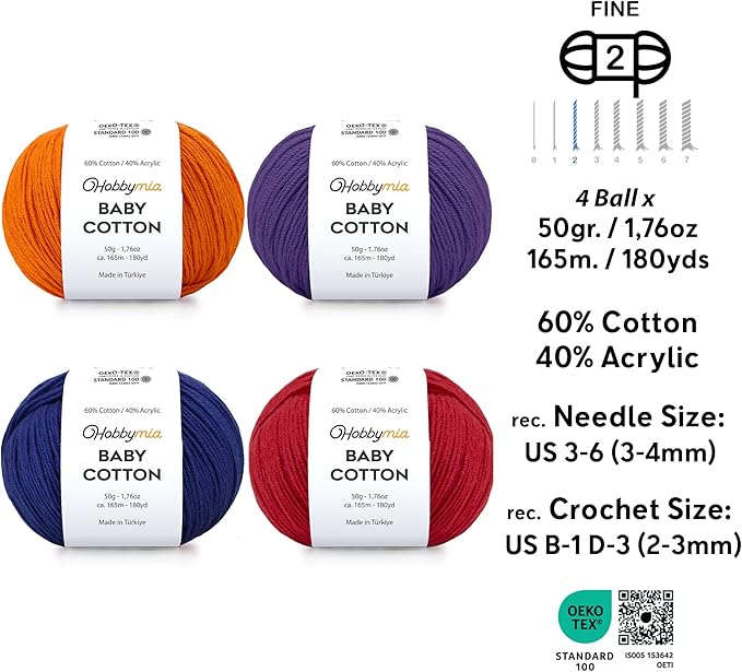 Baby Cotton Yarn Bundles for Crocheting - Each Ball is 50g / 180yds - (2) Fine, Sport Weight Yarn - Amigurumi Yarn, Crochet Thread - & 5 Stitch Makers (Vibrant - 1)