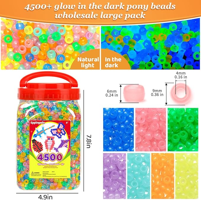 eppingwin 4500pcs wholesale large pony beads (6x9 mm) bucket, easy storage kandi bead bulk for halloween christmas, beads for jewelry making crafts (glow in the dark)