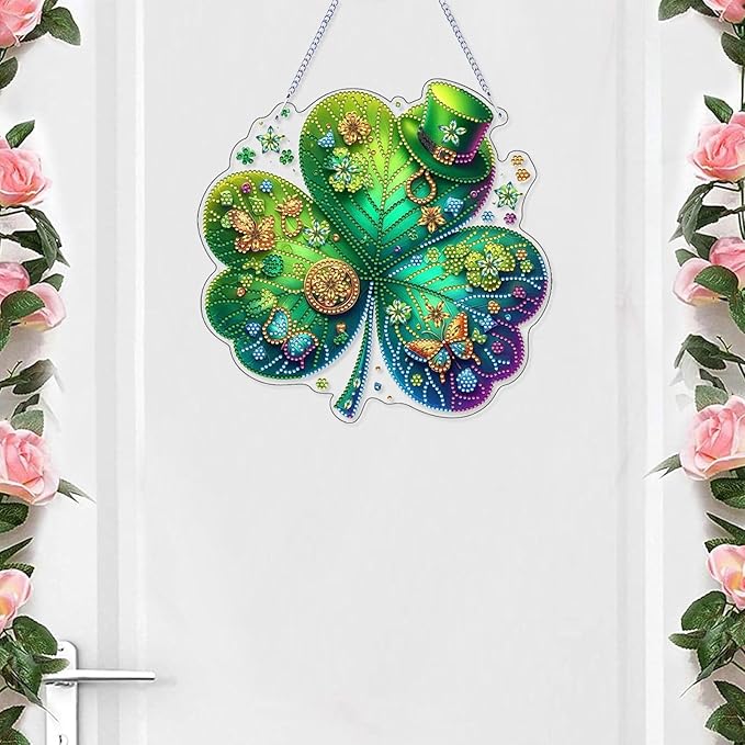 VODAPYC Saint Patrick's Day Diamond Art Hanging Kits for Adults, DIY Double Sided Special Shaped Diamonds Painting Window Pendant Ornament for Home Decor (St-Patrick's Cap)