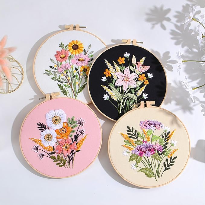 Picoey Flower Embroidery Kit for Beginners with Flower Pattern and Instructions,4 Pack Cross Stitch Kits,2 Wooden Embroidery Hoops,Threads and Needles,Needlepoint Kit for Adults