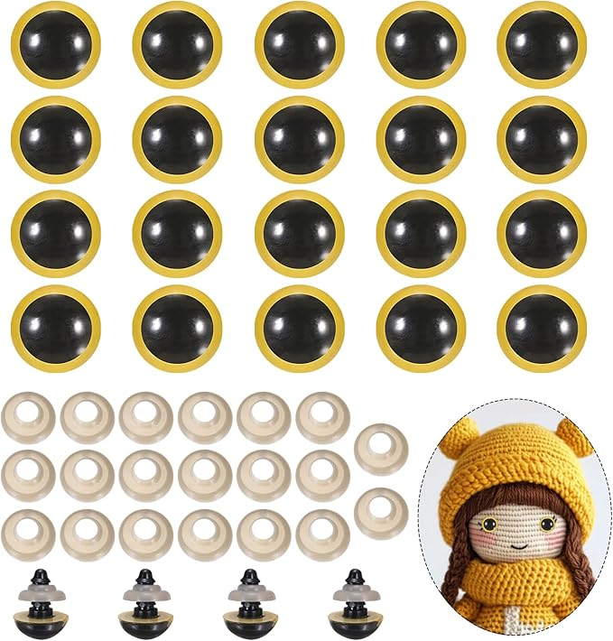 PATIKIL 14mm Safety Eyes, 20Pcs Realistic Doll Crocheting Safety Eyes with Washers for Decor Crochet Accessories Dolls Craft Halloween, Yellow
