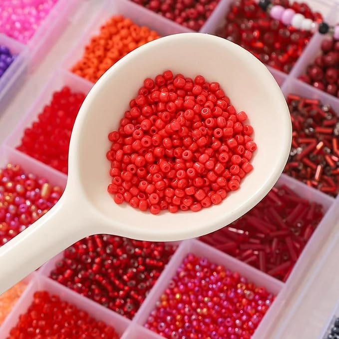 GTAAOY Mix 15 Color Glass Seed Beads, Glass Bugle Beads Tube Beads, Bracelet Bead Boards, Tweezers,Elastic Sting for Jewelry Making(Mix Size,Red)