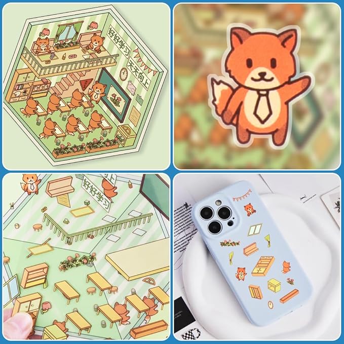Scrapbooking Supplies Kit,DIY 3D Stickers Scene,3 Set Funny DIY Sticker Scenes,Make Your Own Cute 3D Miniature Room Scene Stickers for Adults Relief Stress Pass The Time.14-15-16