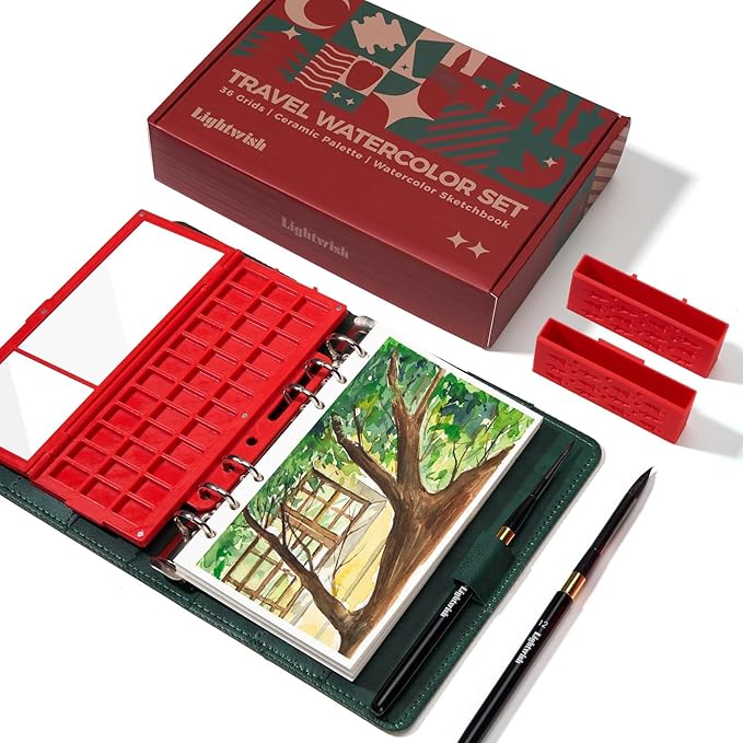 Portable Watercolor Sketchbook Set - 100% Cotton Hot Press 6.7x3.9 Inch Binder Art Journal with 36-Well Ceramic Paint Palette & 2 Travel Watercolor Brushes for Artists Outdoor Painting