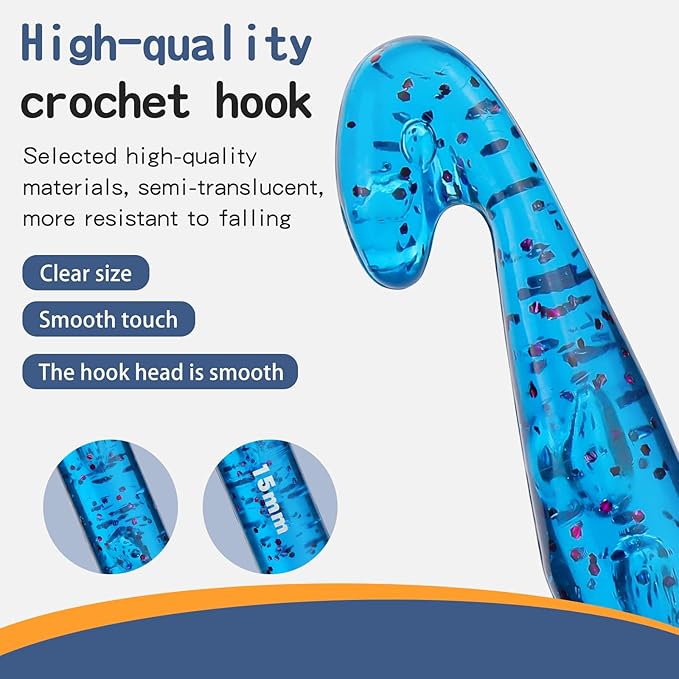 15 mm Large Crochet Hooks, Ergonomic Handle for Arthritic Hands, Professional Huge Crochet Needles, Colorful Transparent Crochet Hook for Beginners and Crocheting Yarn(Blue)