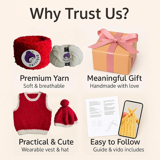 yarnique learn to knit kit for beginners - complete baby knitting kit with italian boucle & merino wool - beginner knitting kit for adults moms - diy baby vest & hat starter set with video tutorials