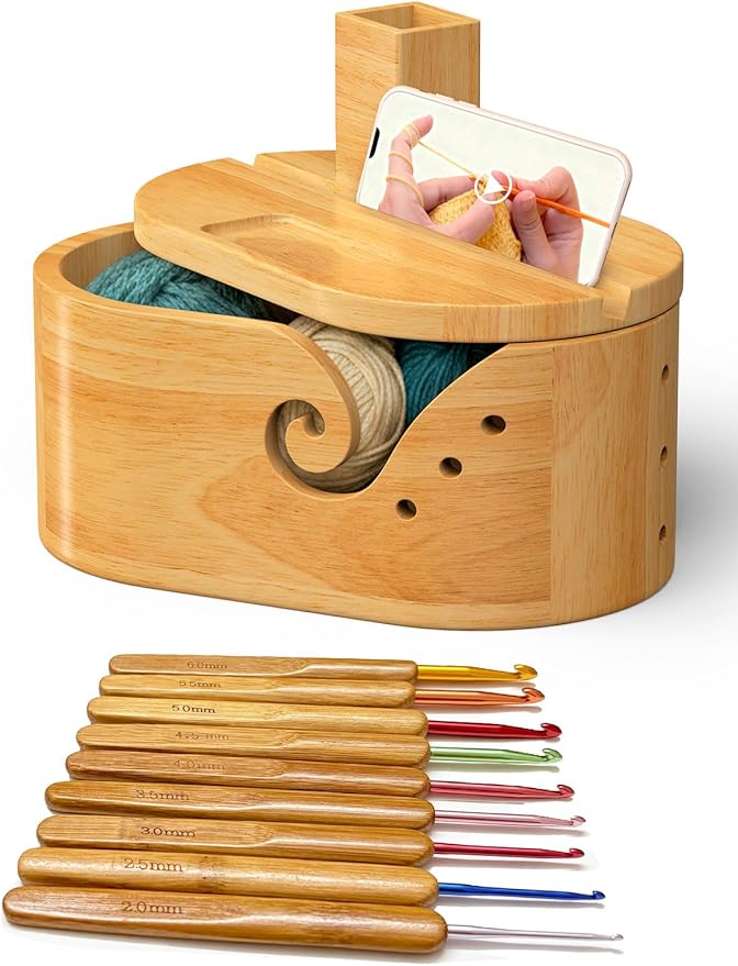Oval Yarn Bowl Set with Lid, Crochet Yarn Holder with 9pcs Knitting Hooks, Large Wooden Yarn Storage with Phone Stand & Crochet Accessories, Double Curling Slot, Ideal Gift for Crochet Lovers