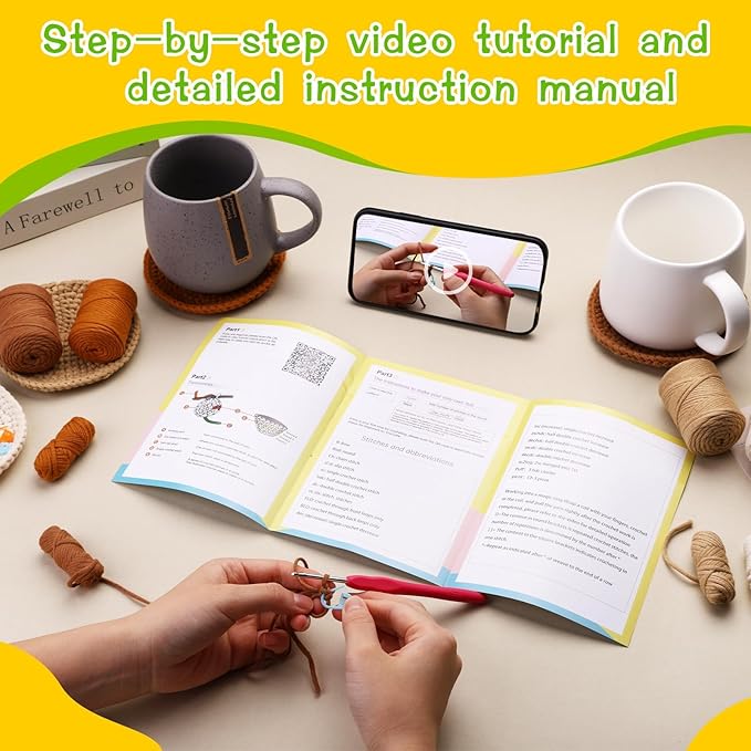 UzecPk Crochet Kit for Beginners, Crochet Kit, 4 Pcs Crochet Coasters Kits with Crochet Yarn, Crochet Hook, Step-by-Step Instructions Video, Crochet Supplies Set Craft Kits for Adults