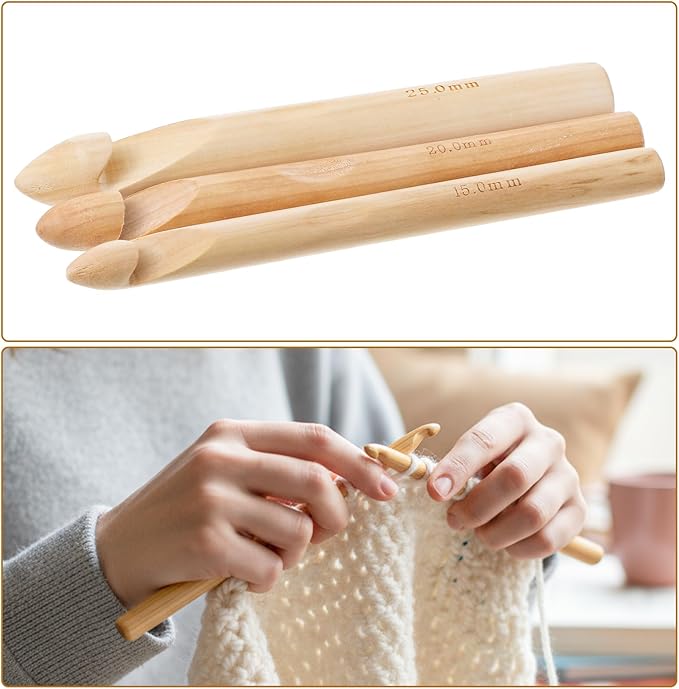3 PCS Large Wooden Crochet Hooks for Chunky Yarn, Giant Bamboo Jumbo Ergonomic Crochet Hook Set, Inline Crochets Needles Kit for Crochets Thick Blankets Carpeting Sweater Hat (15mm 20mm 25mm)