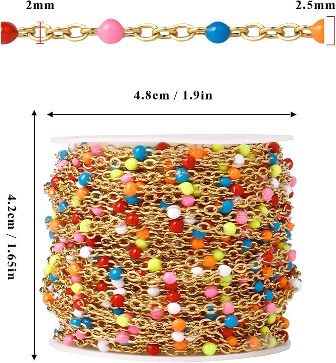 33 Feet Gold Enamel Chains Bulk, 2mm 18K Gold PVD Plated 304 Stainless Steel Colorful Enamel Beaded Cable Link Chain Roll Spool for Jewelry Making