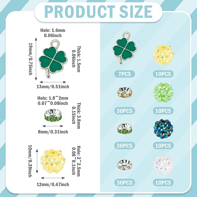 Cheriswelry St.Patrick's Day Jewelry Making Kit Green Clover Four Leaf Charms Clay Disco Ball Beads Flat Round Rhinestone Spacer Bead for DIY Necklace Bracelet Earring Accessories 137Pcs/Set