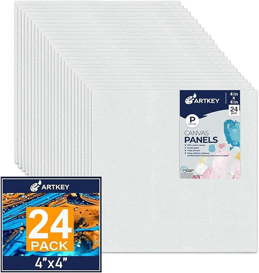 Canvas Panels 4x4 Inch 24-Pack, 10 oz Primed 100% Cotton White Blank Small Canvases for Painting, Square Flat Canvas Board for Oil Acrylics Watercolor & Tempera Paints