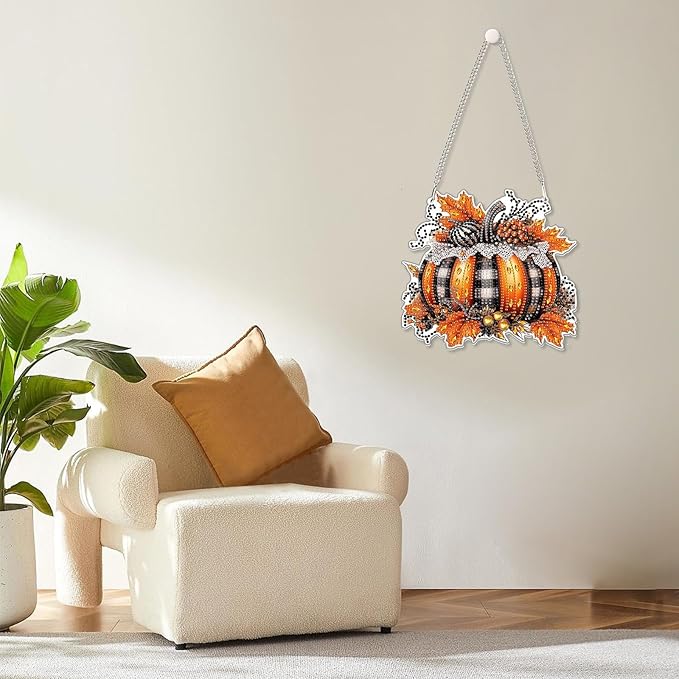 MOGTAA Fall Pumpkin Diamond Art Hanging Pendant Kits, Pumpkin Diamond Art Kits for Adults, 5D Special Shape Diamond Painting Gem Art for Home Garden Wall Decor