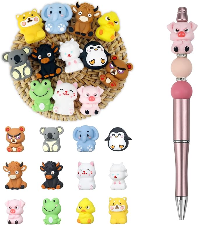 12pcs 3D Animals Silicone Focal Beads Silicone for Keychain Making Beads for Pens Shape for Bracelet Necklace Crafts （3D Animals style2.0）