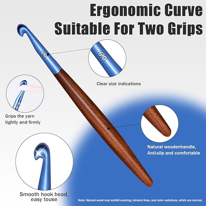 Giwrmu Crochet Hooks Set, Ergonomic Crochet Hooks 3 Pcs, Colored Aluminum Crochet Hook with Wooden Handle for Arthritic Hands Crocheted Bags, Blankets, Knitted Dolls -5.0mm/6.0mm/7.0mm