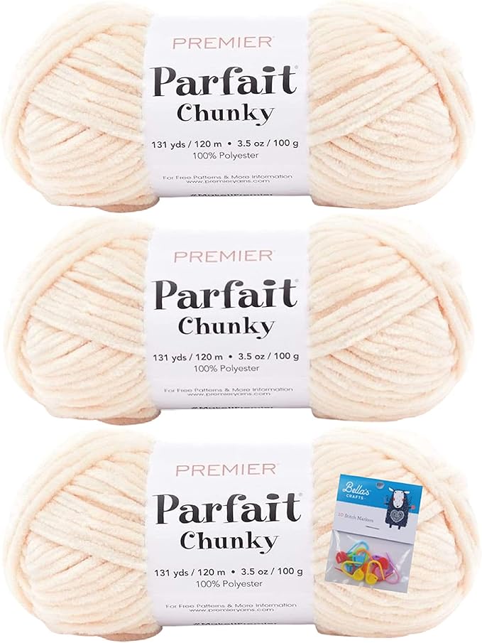 Premier Yarns Parfait Chunky Chenille Yarn 3.5 Oz 6 Super Bulky Weight 3 Pack Bundle with Bella's Stitch Place Holders (Shell)