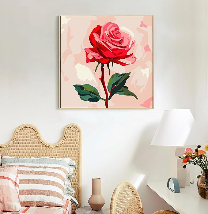 Offito Framed Paint by Numbers Kit for Adults Beginners & Kids Ages 8-12, Rose Flower Acrylic Easy Paint by Number with Frame, Paint by Number Kits on Canvas Framed (10 * 10 Inch, Without Easel)