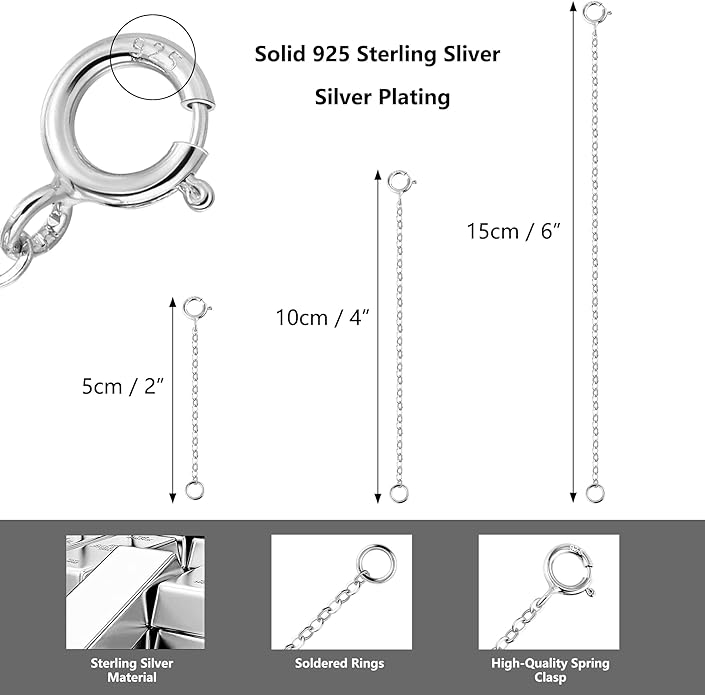 3 Pcs 925 Sterling Silver Necklace Extenders for Women Durable Strong Removable Necklace Bracelet Anklet Extension Jewelry Making Chains