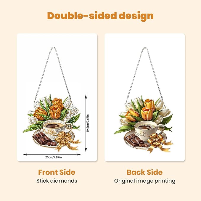 MXJSUA Coffee Tulips Diamond Painting Art Window Suncatchers, Diamond Art Kits for Adults Hanging Ornaments with Chain, 5D Special Shape Crystal Diamond Pendant Accessories for Decor Gift 8x8 Inch
