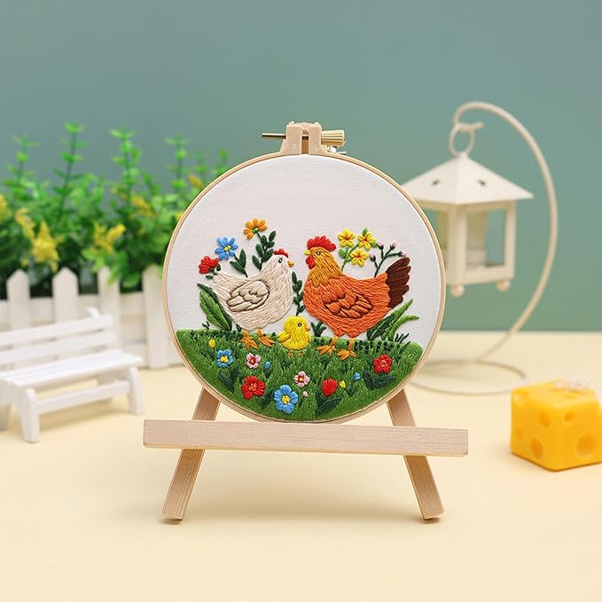 Louise Maelys Funny Animal Embroidery Kits for Beginners,Cross Stitch Kit for Adults,DIY Needlepoint with Hen Rooster Chick and Flower Lawn Pattern