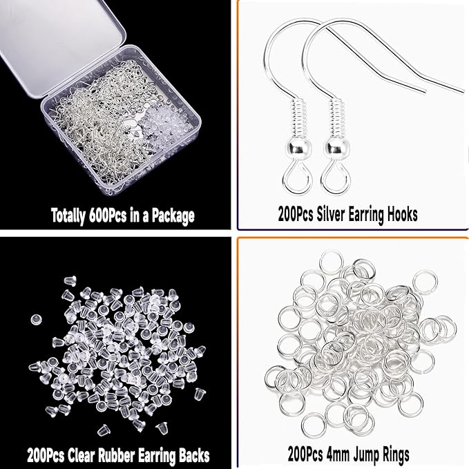 600Pcs Hypoallergenic Earring Hooks, Silver Earring Making Kit, Supplies with Earring Backs and Jump Rings for Jewelry Making (Silver)