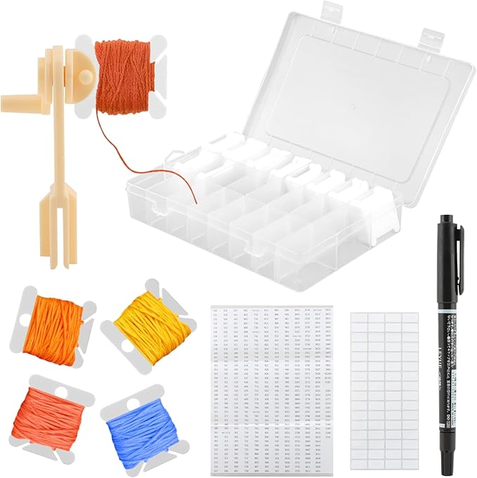 Embroidery Floss Organizer, Cross Stitch Thread Storage Set with 100 Pcs Floss Bobbins, Winder, Marker and Stickers, Removable 24 Compartments Case for Craft DIY Sewing Storage