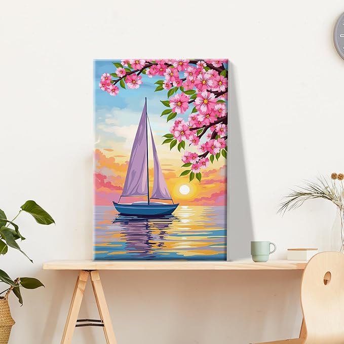 JOOZ Sailboat Paint by Numbers Kit for Adults with Frame Sunset Paint by Number with Easel Flowers Adult Paint by Number Kits Framed Canvas Oil Painting Kits for Home Wall Decor 8x12 Inch