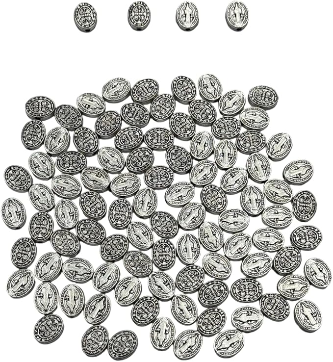 100pcs 8mm St. Benedict Cross Beads – Oval Double-Sided Zinc Catholic Rosary Beads for Jewelry Making, Bracelet & Necklace DIY Accessories – Religious Catholic Craft Supplies