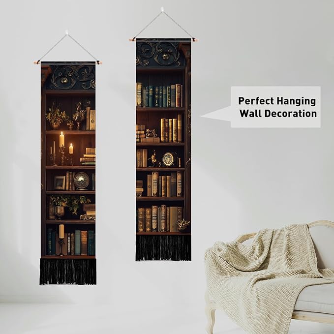 PLIGREAT 2 Pack Vintage Bookshelf Tapestry with Tassel Classic Library Wall Tapestry Vertical Wall Hanging for College Dorm Bedroom Living Room Long Narrow Home Hanging Decor, 46" x 13"