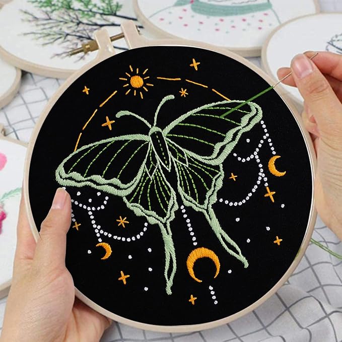 louise maelys 3 sets tarot embroidery kits for beginners,cross stitch kit for adults,crewel starters needlepoint with moon, butterfly, bee and moth pattern and tool
