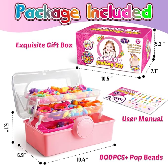 850pcs pop beads - jewelry making kit for 3 4 5 6 7 8 year old little girls, arts and crafts toys for kids, necklace bracelet ring hairband creativity snap set birthday valentines day gifts for kids