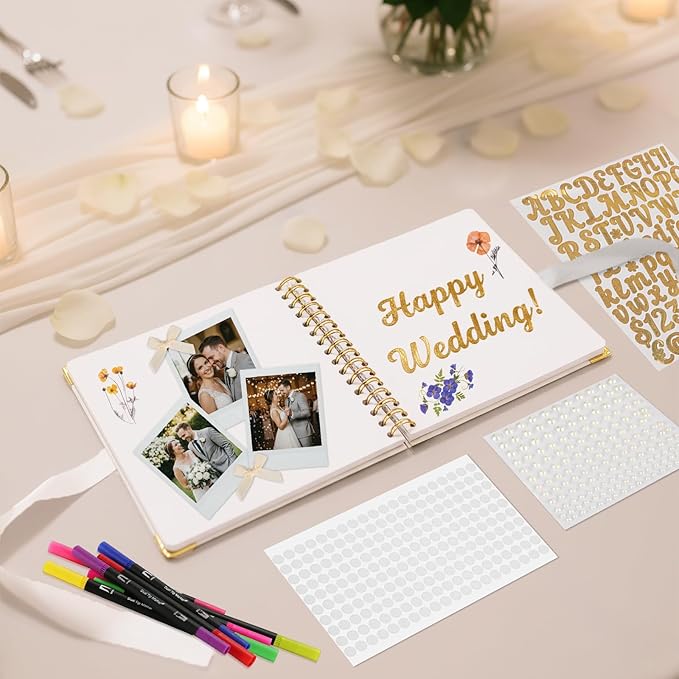 SnowCow 452 PCS Letters to The Bride Scrapbook Kit, 8.3 x 8.3 Inch Wedding Memory Book with Pen, Pearl Stickers, Metallic Letters, Bows for Bridal Shower Guest Book DIY