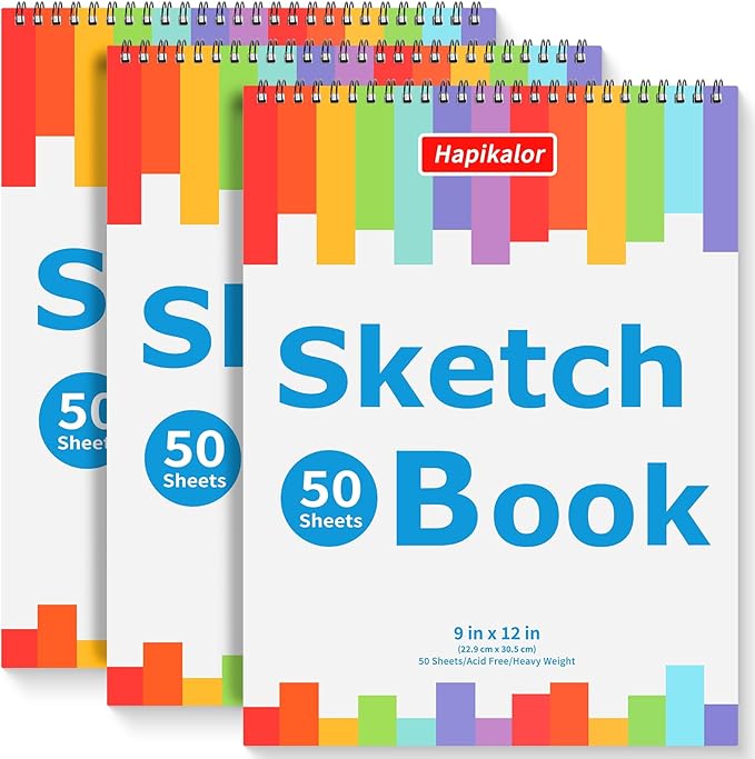 3-pack 50 sheets 9" x 12" sketch book, spiral bound art sketchbook, bulk school supplies for kids, acid free artist easel drawing paper pad for drawing painting writing sketching