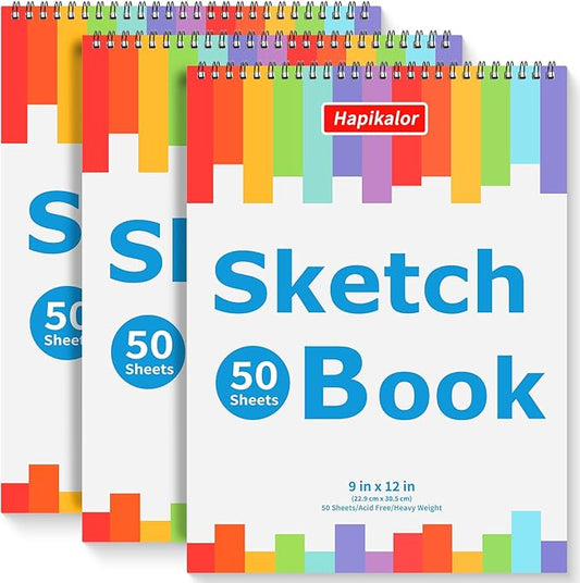 3-pack 50 sheets 9" x 12" sketch book, spiral bound art sketchbook, bulk school supplies for kids, acid free artist easel drawing paper pad for drawing painting writing sketching