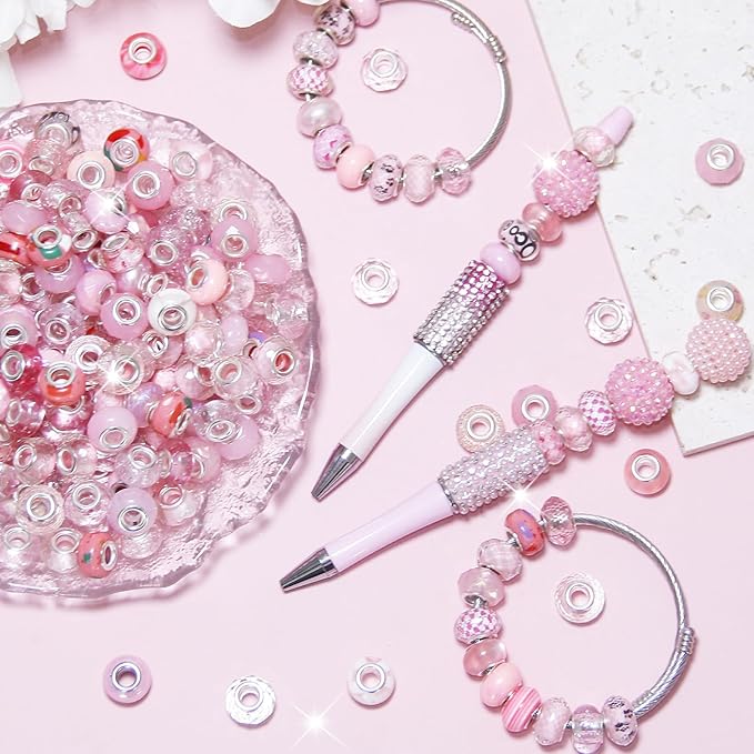 200Pcs Large Hole Beads Spacer Beads Pink Assorted European Craft Big Beads Large Hole Lampwork Murano Bead Fairy Wand Garden Beads for DIY Charm Bracelet Necklace Jewelry Making Decoration Supplies