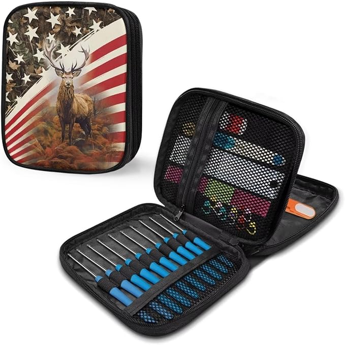 Hechitok American Flag Deer Print Crochet Hooks Case Zipper Bags Portable Crochet Storage Bag with Web Pocket and Crochet Holder Slots for Carrying Various Crochets Needles