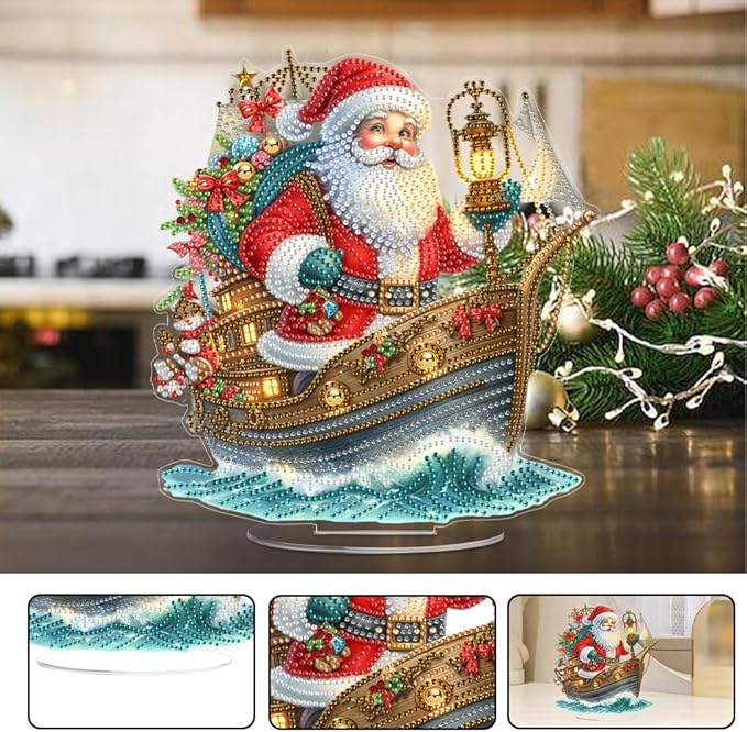 LAKEQUILL Christmas Diamond Painting Kits, Tabletop Ornament, Stand Up Diamond Art Desktop Kits for Home Office Decor, New Year Gift - Santa Claus & Boat