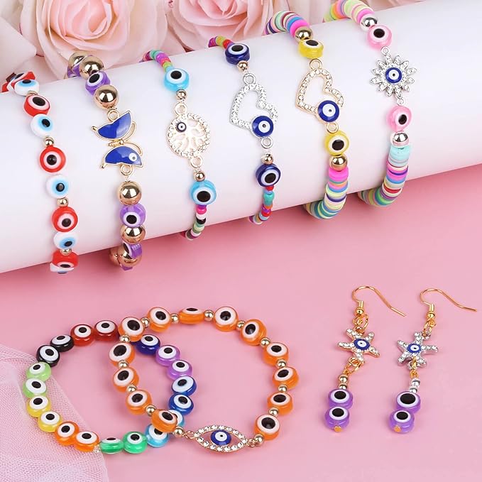 Acejoz 2702 Pieces Bracelet Making Kit, Including Evil Eye Beads, Evil Eye Charms, Assorted Beads and Elastic String for Bracelets