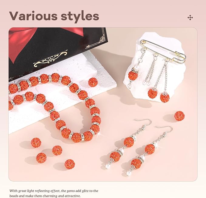 200pcs 10mm rhinestone beads for jewelry making, orange shiny round disco ball beads bulk, sparkle crystal clay christmas for bracelet baseball necklace earring crafting and diy
