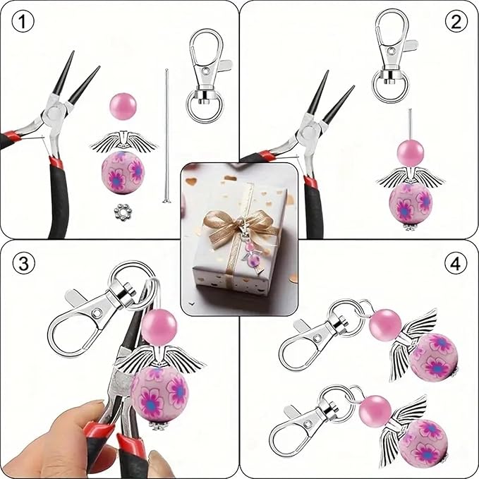 180Pcs DIY Angel Pendant Keychains Kit Including Alloy Wing Spacer Imitated Pearl Bead Pendant Lobster Buckle Claw Clasps and Pliers Jewelry Making Supplies Repair Tools Kit for Women Adults Teens