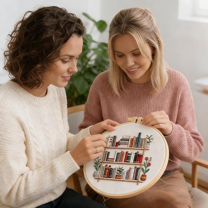 Embroidery Kit for Adults, Pre-Stamped Pattern Embroidery Kit for Beginners, DIY Hand Needlepoint Starter Kit with Hoop Thread Needle Instruction, 7.87'' Hoop (Book Lover 3 Packs)