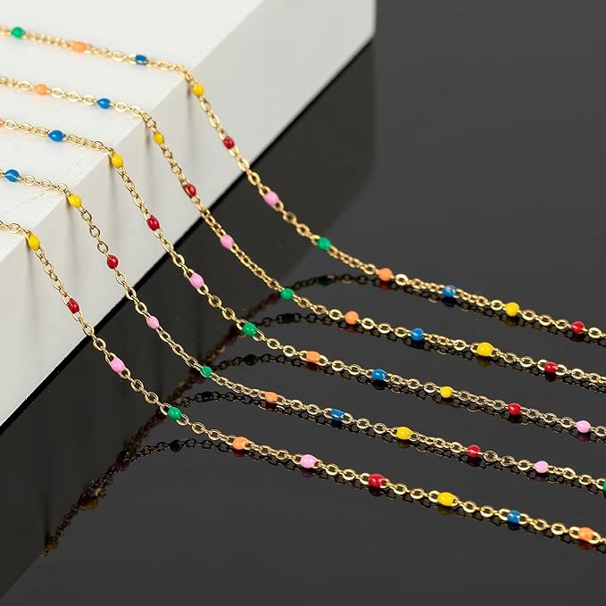 KYUNHOO 16.4 Feet Gold Jewelry Chains for Necklaces Crafting Multicolor Enamel Bead Chain Roll Soldered Stainless Steel Chain for Jewelry Making with Lobster Clasps Jump Rings