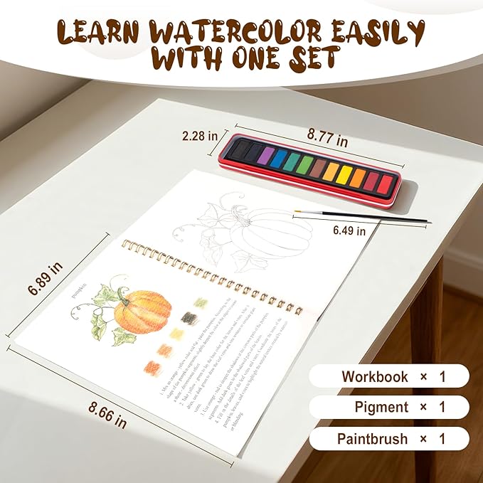 Watercolor Workbook for Adults, Beginner Friendly Watercolor Painting Kit Autumn Water Coloring Book, Nature-Themed Practice Art Gift Water Color Paint Book with Palette and Brush