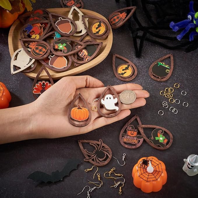 32pcs Halloween Teardrop Wooden Earring Charms Big Hollow Wood Cutouts with Pumpkin & Ghost & Witch Printed for Necklace Keychain DIY Jewelry Craft Making