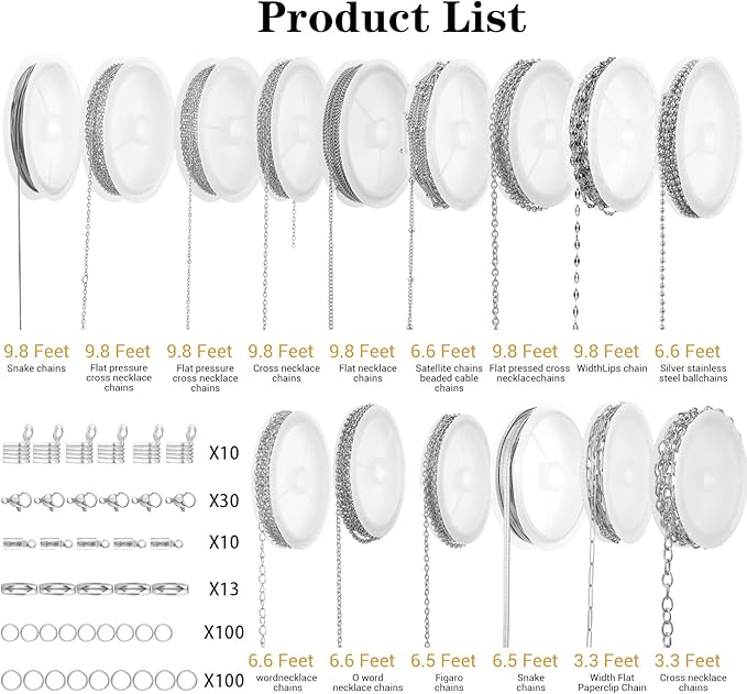 COMNICO 15 Rolls 79 FT Necklace Chains for Jewelry Making, Stainless Steel Chains Bulk Link Plated Permanent Jewelry Making Accessories with Jump Rings for DIY Necklace Earring Bracelet