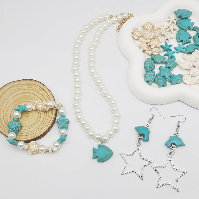 Julie Wang 55PCS Man-made Turquoise Beads Blue White Starfish Turtle Dolphin Fish Ocean Charms for Jewelry Making Summer Beach Beads Sea Pendants Necklace Earring Bracelet Craft DIY Supplies