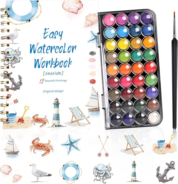 Watercolor Workbook，36 Colors Water Coloring Book Paint Set for Adults,12 Different Patterns of Original DIY Designs, Beginner-Friendly Watercolor Workbooks with Palette and Brush (Ocean)