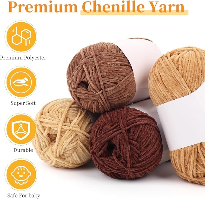 Coopay Skinny Chenille Yarn for Crocheting and Knitting, 12 Pack of 50g/1.76oz - 1764yd Total, Soft Velvet Yarn of Baby Weights - Suitable for Baby Blankets, Plush Toys - Super Soft (Brown Gradient)
