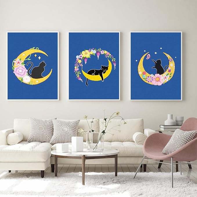 Louise Maelys 3 Sets Cat Moon Embroidery Kits for Beginners with Floral Pattern, Cross Stitch Kit for Adults, DIY Needlepoint for Starter